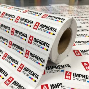 Adhesivos en rollo con el branding de AM Imprenta Online