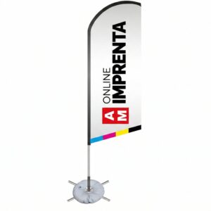 Banderola Surf con el branding de AM Imprenta Online