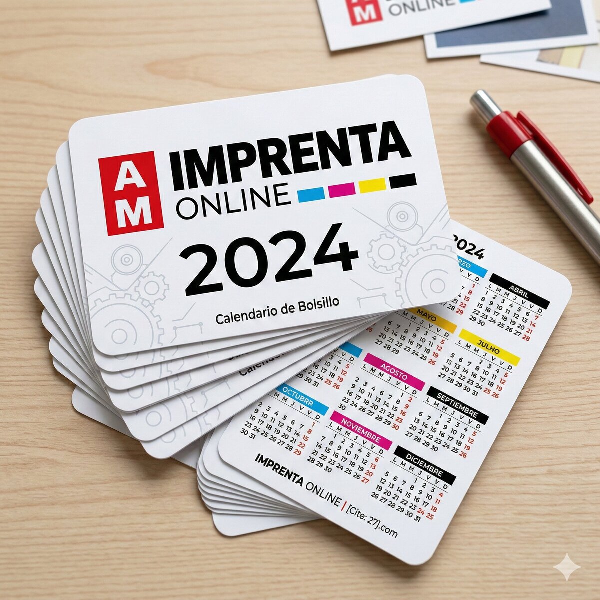 Calendario de bolsillo con el branding de AM Imprenta Online
