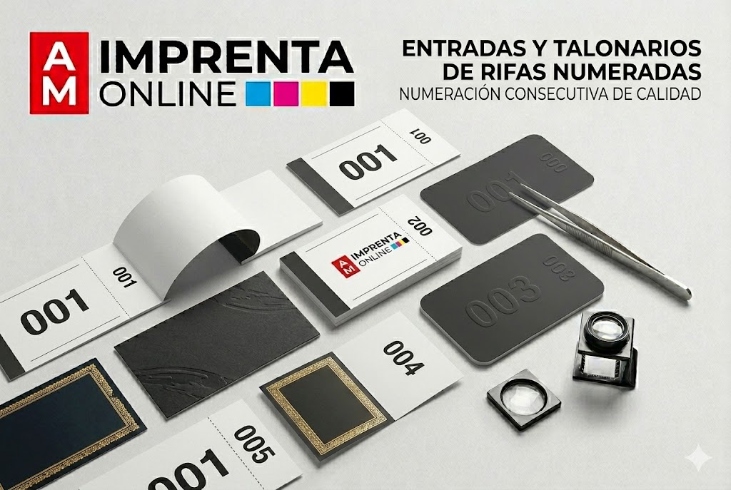 entradas y talonarios rifas enumeradas con el branding de AM Imprenta Online