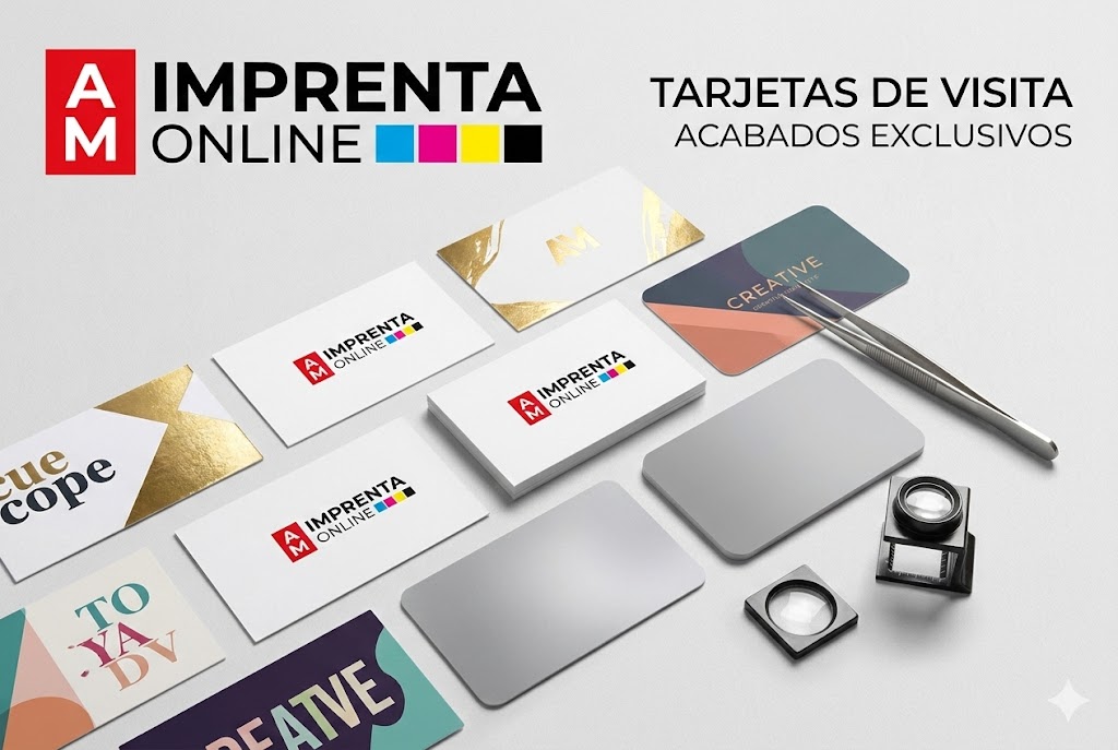 tarjetas de visita con el branding de AM Imprenta Online
