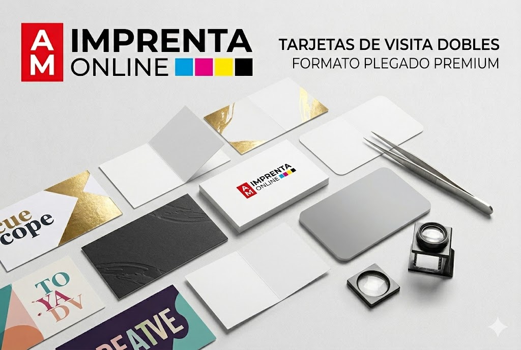 tarjetas de visitas dobles con el branding de AM Imprenta Online